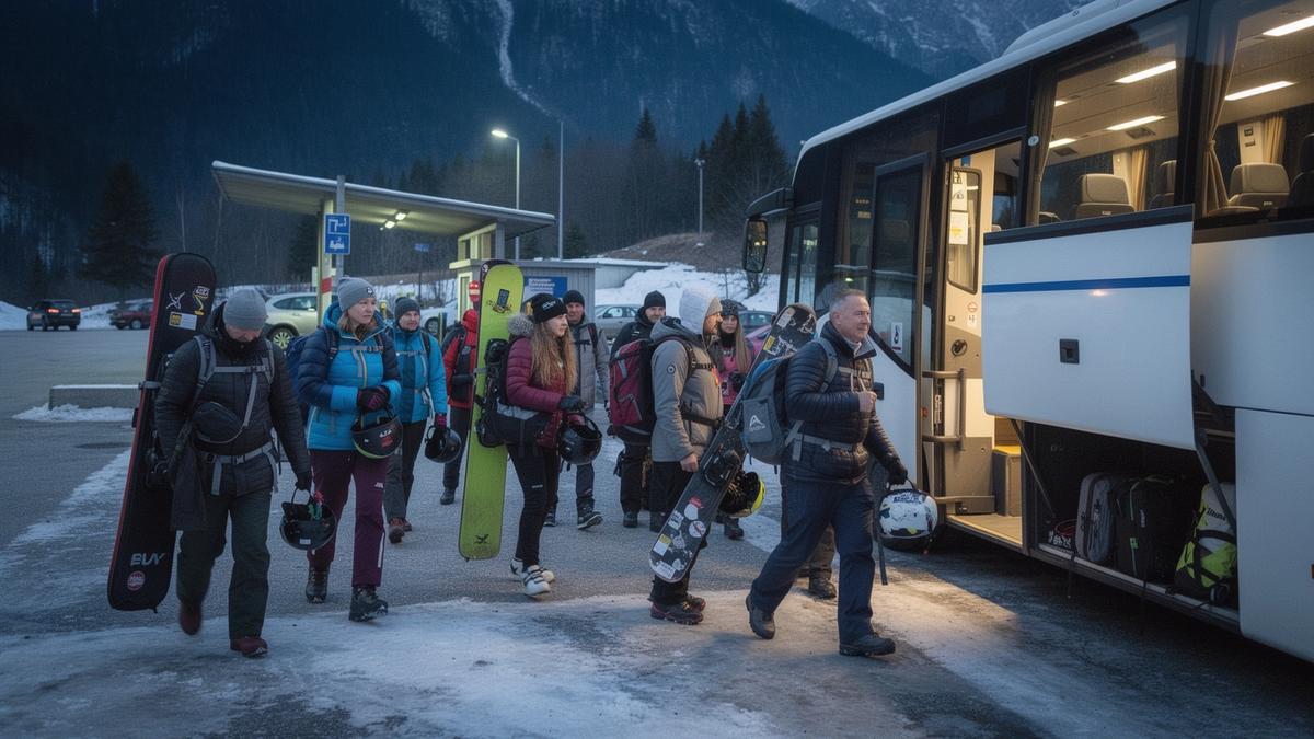 Ukrainian group with ski bags boarding an overnight coach at a mountain transfer point
